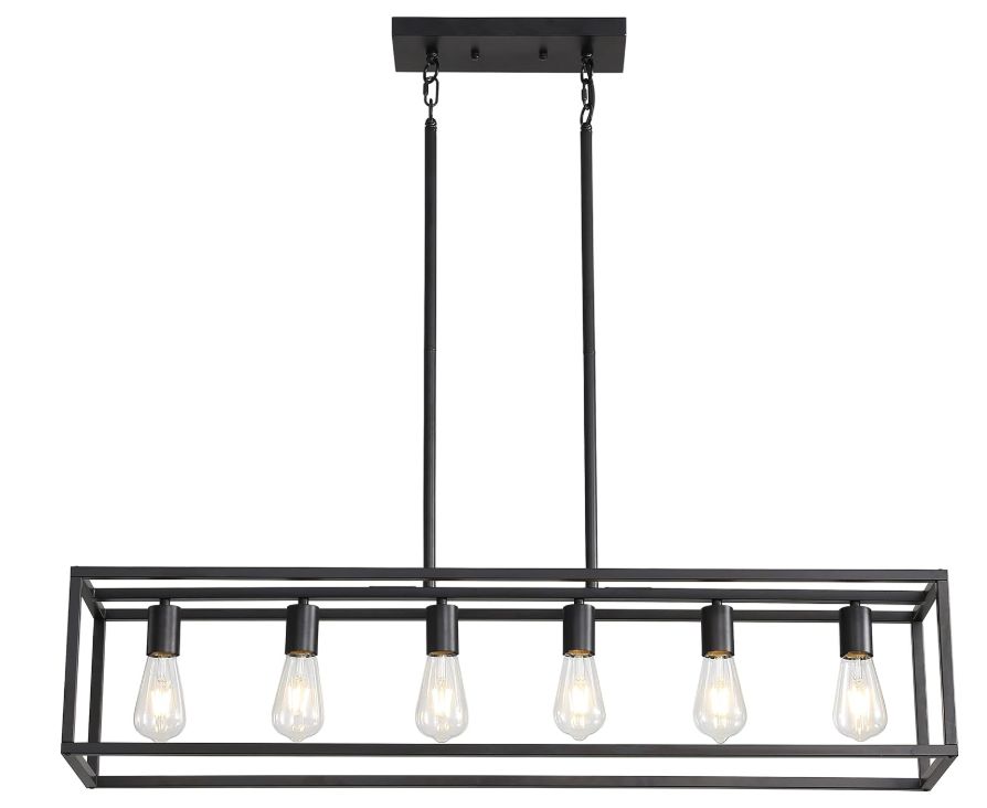Farmhouse Kitchen Island Lighting, Modern Industrial Chandelier, 6-Light Linear Rectangular Pendant Light Fixtures for Farmhouse Kitchen Dining Room Bar Foyer