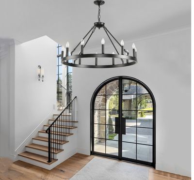 Black Wagon Wheel Chandelier 32 inch,12-Light Farmhouse Wagon Wheel Chandeliers Round Industrial Ceiling Light fixtures for Outdoor Porch high Ceilings Living Dining Room Foyer Entryway