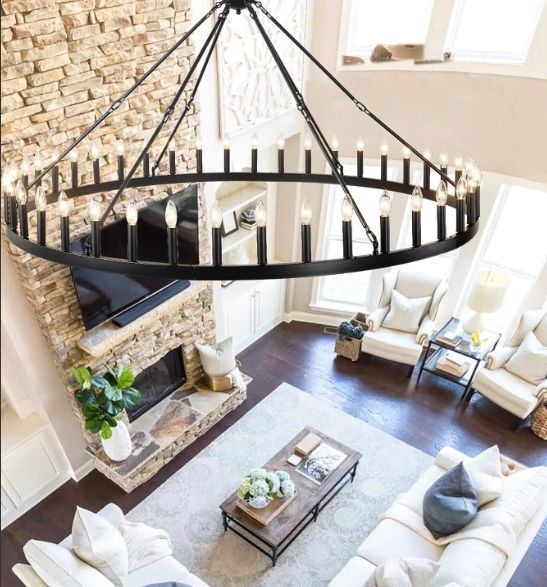 Black Wagon 36-Light Farmhouse Wagon Wheel Chandeliers Round Industrial Ceiling Light fixtures for Outdoor Porch high Ceilings Living Dining Room Foyer Entryway