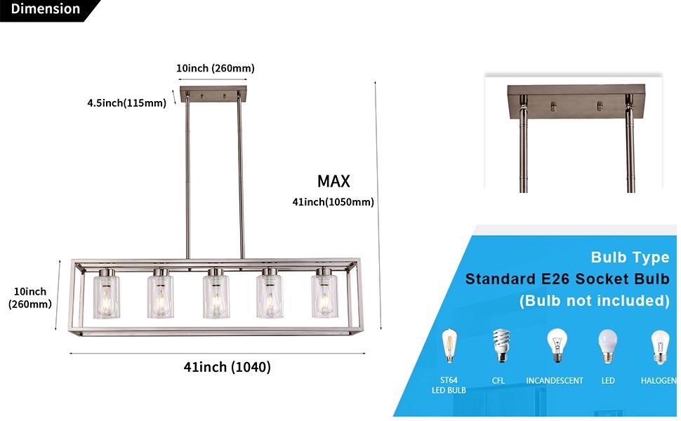 5 Lights Brushed Nickel Dining Room Chandelier Hanging Light Fixture