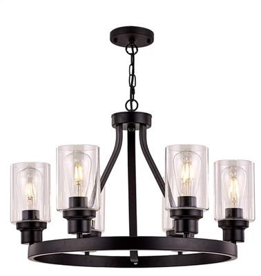 Farmhouse Chandelier Lighting Round 6 Lights Black with Glass Shade Ceiling Hanging Vintage Rustic Light Fixture for Dining Room Living Room Foyer Porch Kitchen Island
