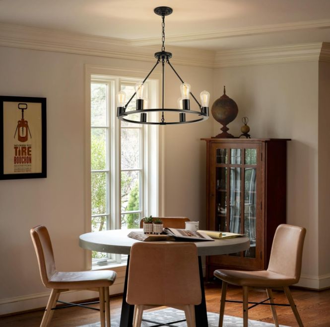 Black Chandelier, 6-Light Dining Room Light Fixture, Round Farmhouse Wagon Wheel Chandeliers for Dining Room Living Room Entryway Kitchen Island Dia 24&quot;