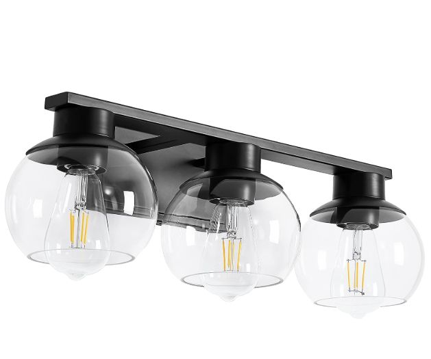 3-Lights Black Bathroom Vanity Lights, Modern Bathroom Lighting Fixtures with Globe Glass Shade, 22in Matte Black Wall lamp for Bath Over Mirror Kitchen Cabinet Living Room Hallway Bedroom Porch