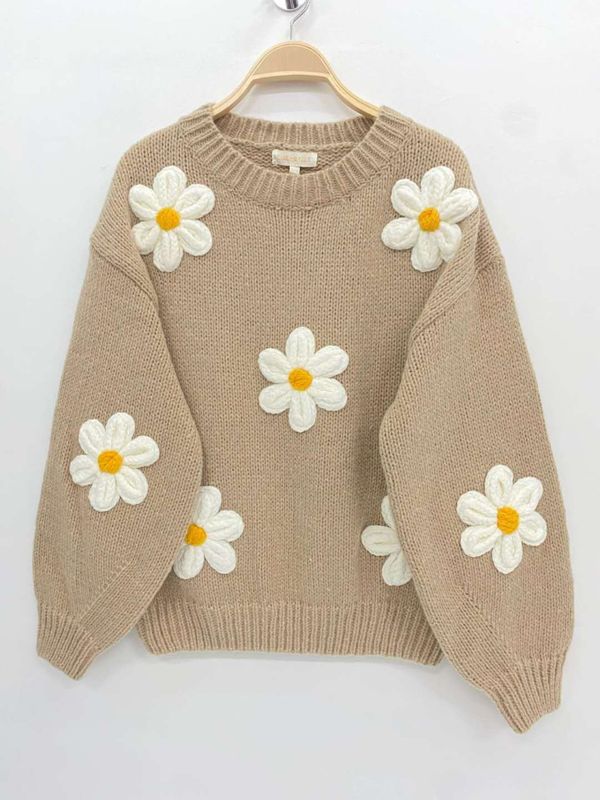 PULLOVER MIT BLUMENSTICKEREI TOFFEE