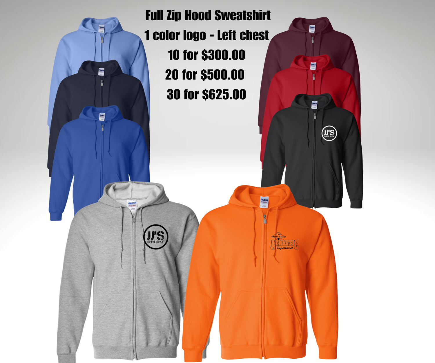 (A) Gildan Full Zip Hooded Sweatshirt - One Color Logo Upload image or logo, proof will be sent for verification before applying.