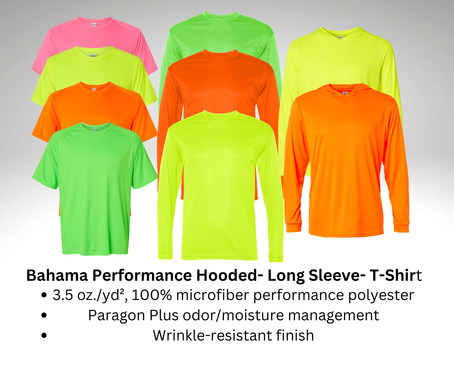 BLANK-BAHAMA PREFORMANCE 100% POLYESTER WORK WEAR  (5) T Shirts @ $65.00 ($13.00 each)  (5) Long Sleeve @ $75.00 ($15.00 each) (5) Hoodie @ $90.00 ($18.00 each)