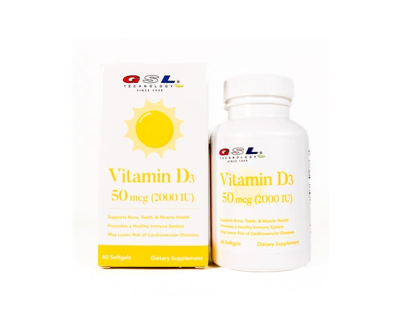 GSL VITAMIN D3 50 MCG 60 TABLETA, Vitamin D3 | 50 mcg (2000 IU) Per Softgel | Dietary Supplement for Bone Health | Made in USA
