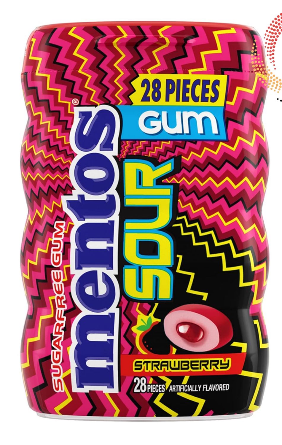 MENTOS SOUR GUM FRESA 28 PIEZAS, Mentos Goma de mascar SOUR sin azúcar con xilitol, sabor fresa agria, botella de 28 piezas