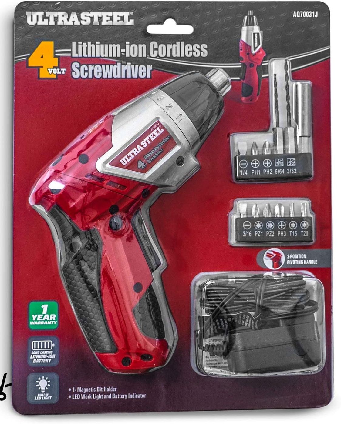 ULTRASTEEL CORDLESS SCREDRIVER, 4V Lithium-Ion Cordless Rechargeable Dual-Position Screwdriver, 6+1 Torque Settings, LED Light w/ 1-Year Warranty, 2pc Drill Bit, 10pcs Driver Bits.
