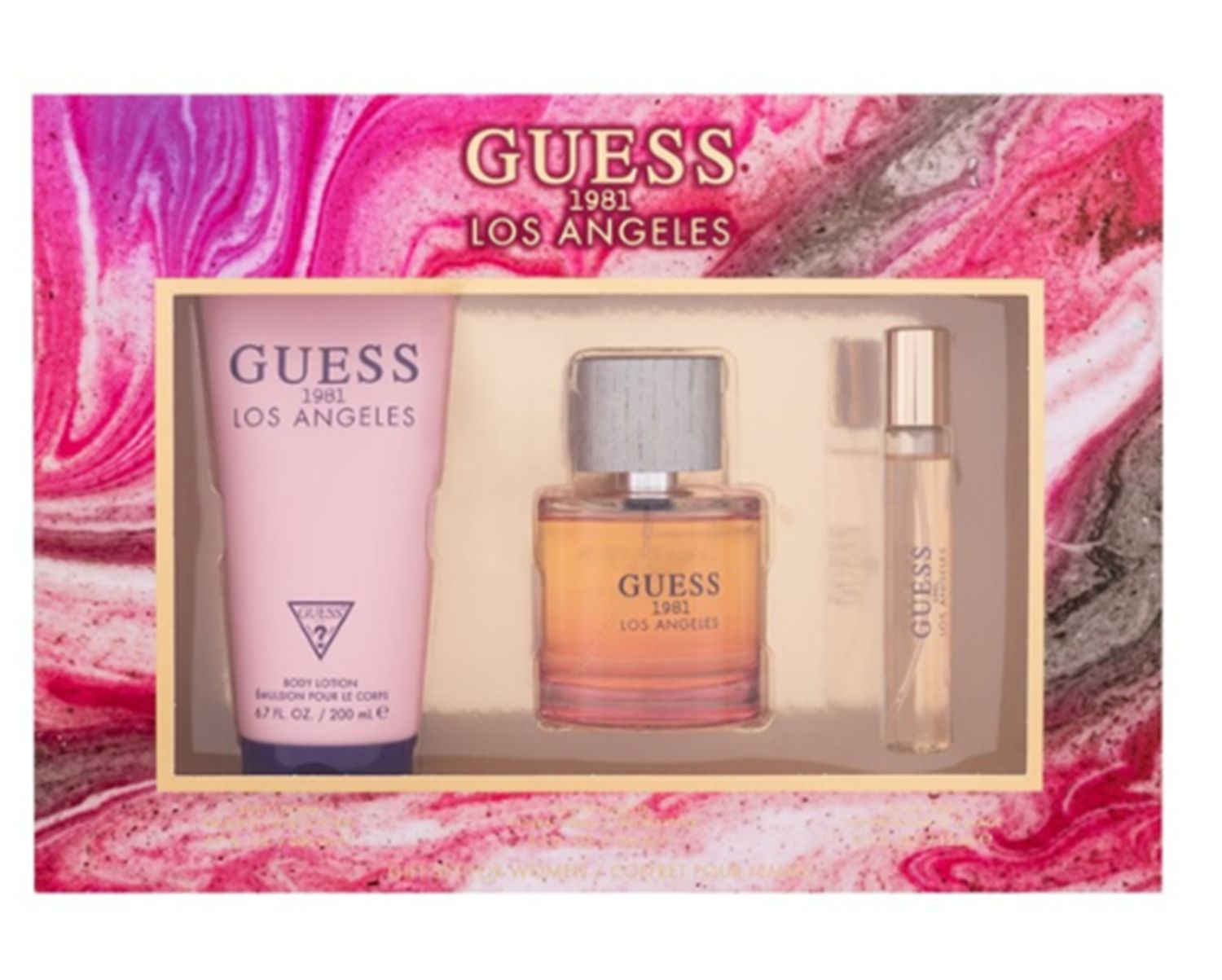 GUESS 1981 SET DE REGALO 3 PCS, GUESS 1981 Los Ángeles - Set de regalo de 3 piezas Locion Corporal para mujer - Perfume en aerosol de 3.4 onzas líquidas, spray de viaje de 0.5 onzas líquidas.
