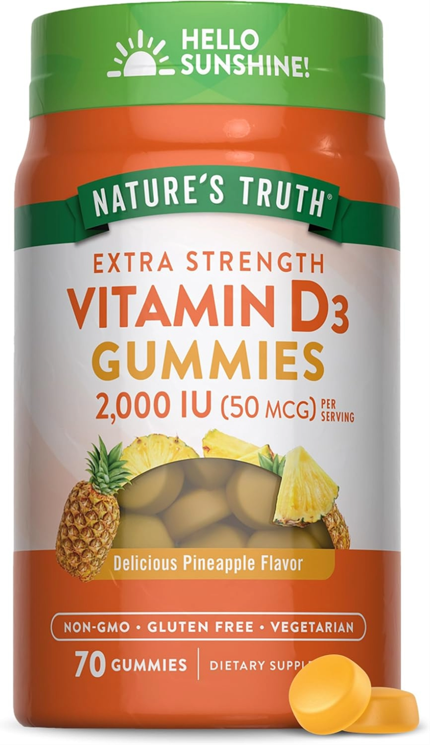 NATURE&#39;S T VITAMIN D3 GUMMIES 70 Nature&#39;s Truth Gomitas de vitamina D3 vegetarianas, sin OMG, sin gluten, sabor a piña, 70 unidades