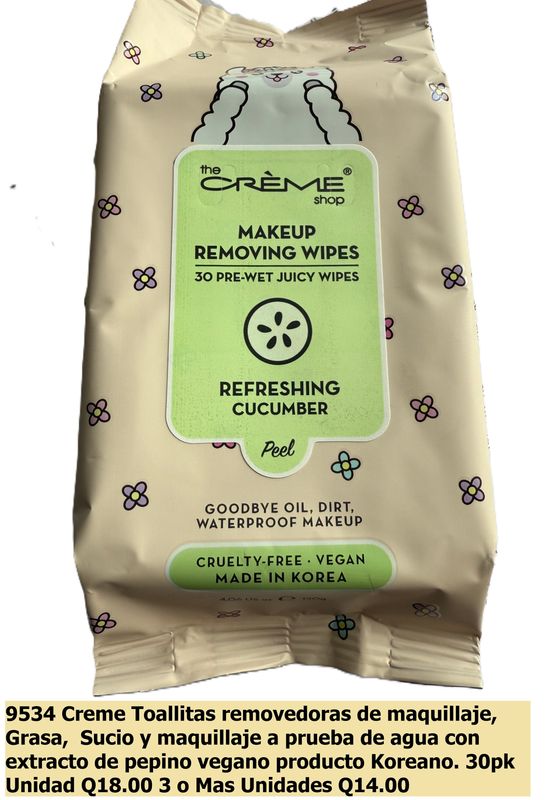 CREME MAKEUP REMOVER PEPINO 30PK TOALLITAS LIMPIADORAS, Removedor de maquillaje | Toallitas de limpieza | Toallitas de maquillaje hidratantes (30 toallitas jugosas prehúmedas)