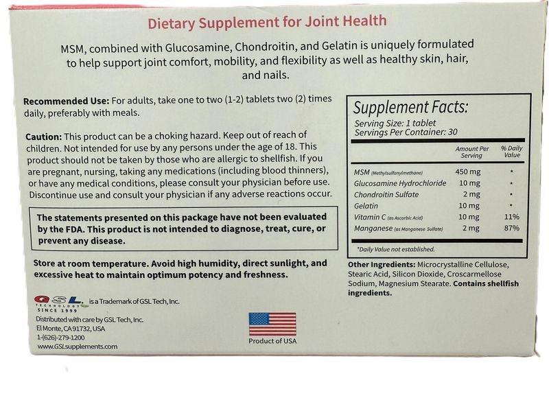 GSL MSM COMPLEX 500MG 30TB GLUCOSAMINA + CHONDROITIN