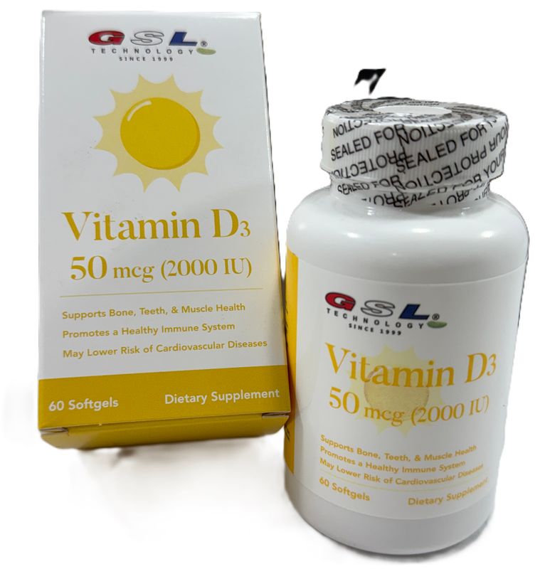 GSL VITAMIN D3 50 MCG 60 TABLETA, Vitamin D3 | 50 mcg (2000 IU) Per Softgel | Dietary Supplement for Bone Health | Made in USA