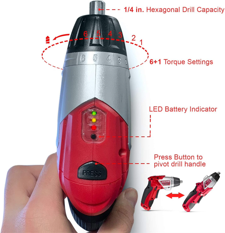 ULTRASTEEL CORDLESS SCREDRIVER, 4V Lithium-Ion Cordless Rechargeable Dual-Position Screwdriver, 6+1 Torque Settings, LED Light w/ 1-Year Warranty, 2pc Drill Bit, 10pcs Driver Bits.