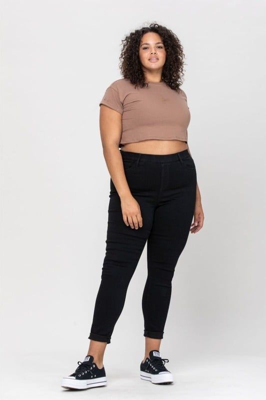Mid Rise Pull On Crop Skinny with Rolled Hem