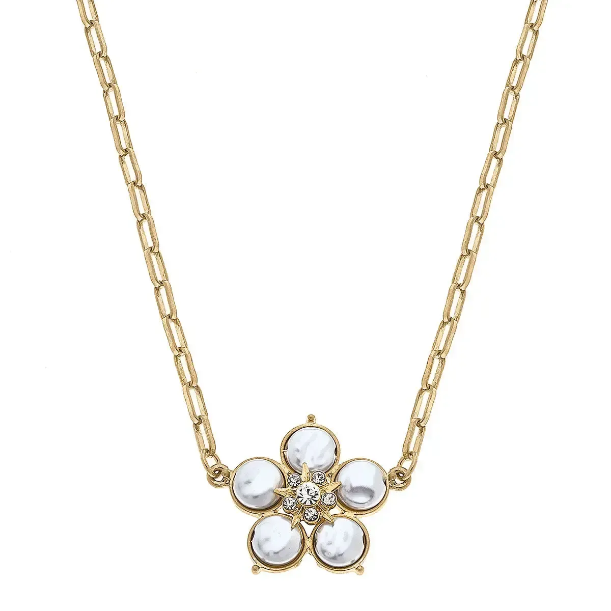 Blythe Pearl Flower Pendant Necklace in Worn Gold
