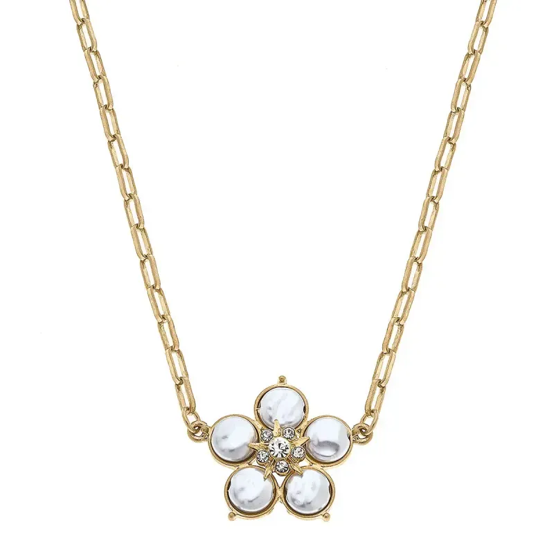 Blythe Pearl Flower Pendant Necklace in Worn Gold