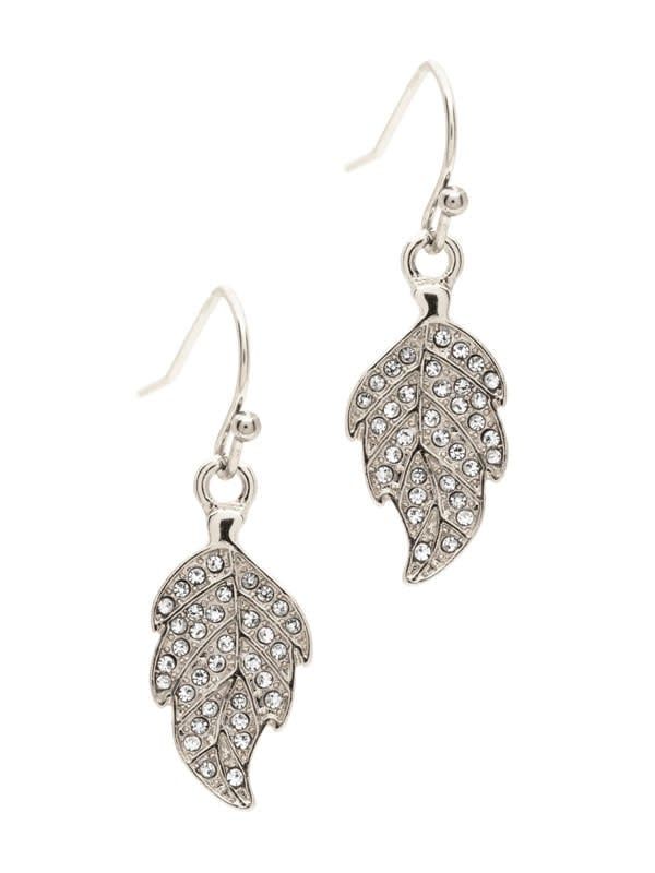 Silver Crystal Leaf Drop Earrings