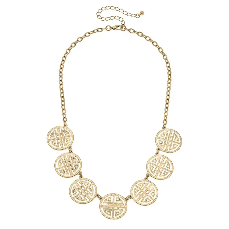 Aria Linked Greek Keys Necklace in Worn Gold