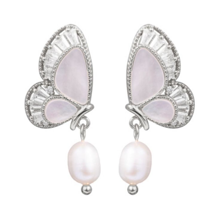 Fancy CZ Pearl MOP Bufferfly Earrings - Silver