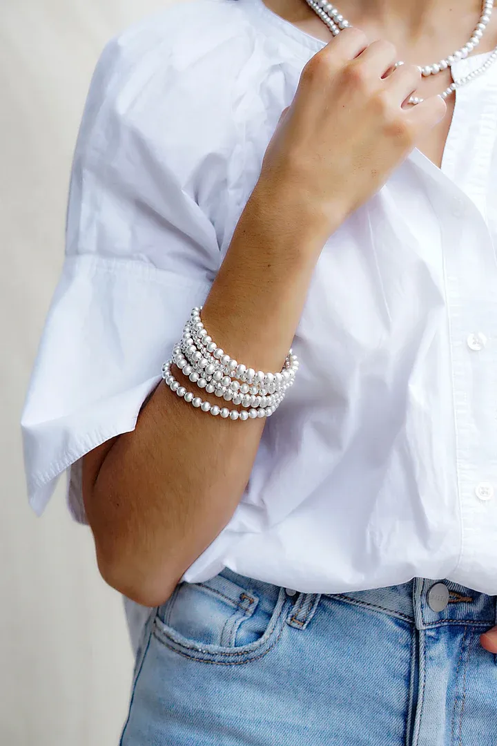 Cypress Ball Bead Stretch Bracelets (Set of 2) - Silver