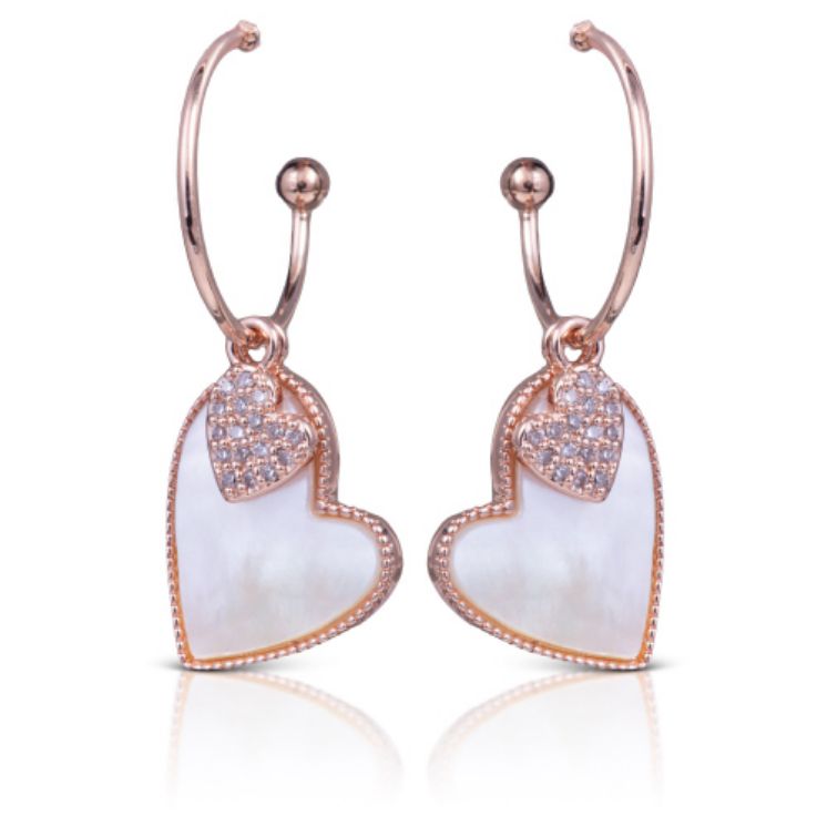 CZ Mother of Pearl Dangle Hearts Earrings - Rose Gold