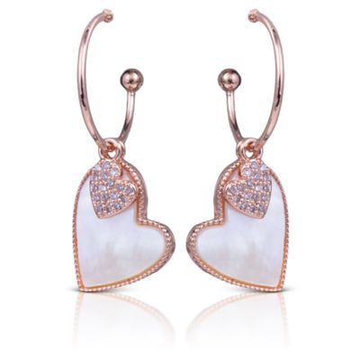 CZ Mother of Pearl Dangle Hearts Earrings - Rose Gold