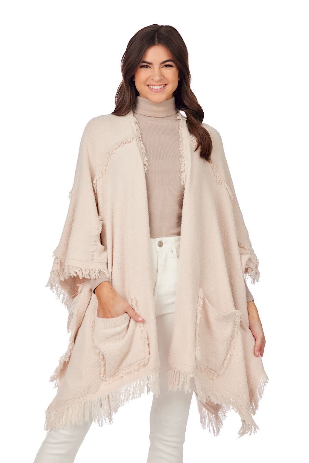 Fringe Poncho , Color: Cream