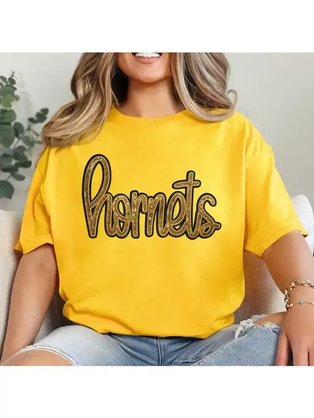 Hornets Gold Sequin Tee, Color: Gold, Size: S