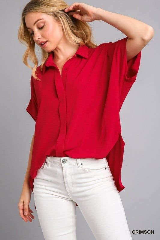 Oversized Button Down Hi-Low Shirt, Color: Crimson, Size: S