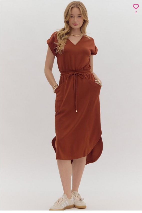 Solid SS V-Neck Midi Dress, Color: Brick, Size: S