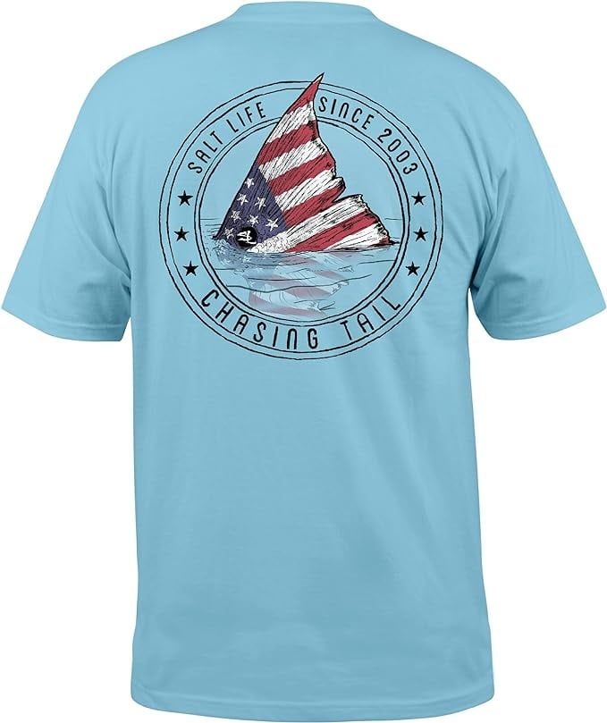 Redfish Stars and Stripes Short Sleeve Pocket Tee, Color: Sky Blue, Size: S