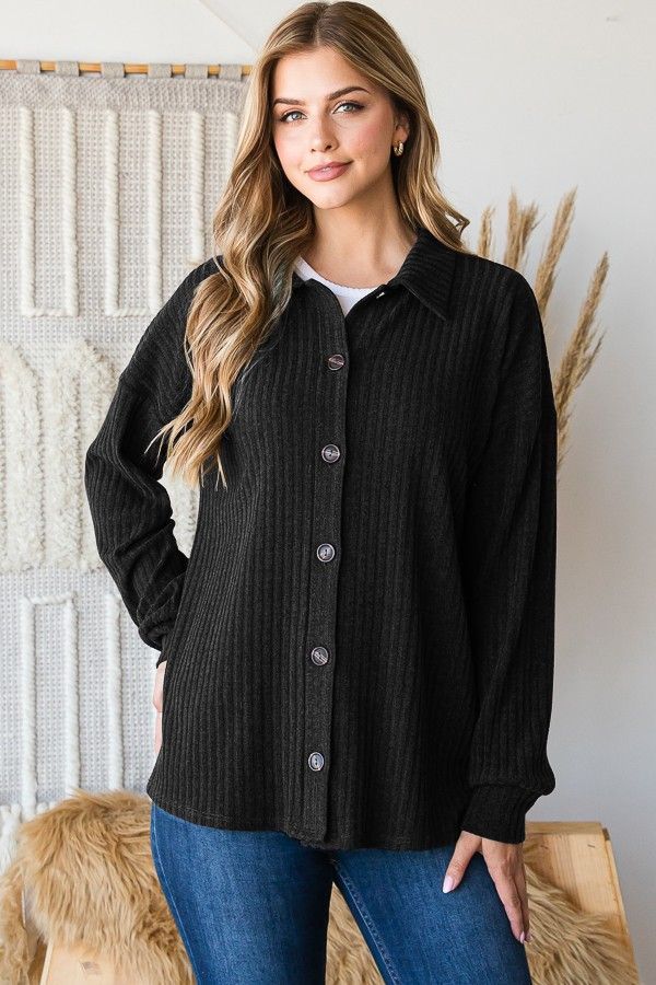 Collared Solid Ribbed Shacket
