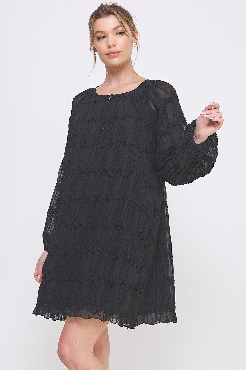 Sheer Long Sleeve Chevron Textured Shift Dress