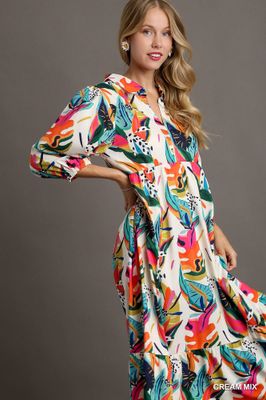 Tropical Print A-Line Midi Dress