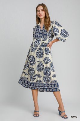 Border Print Tiered Midi Dress