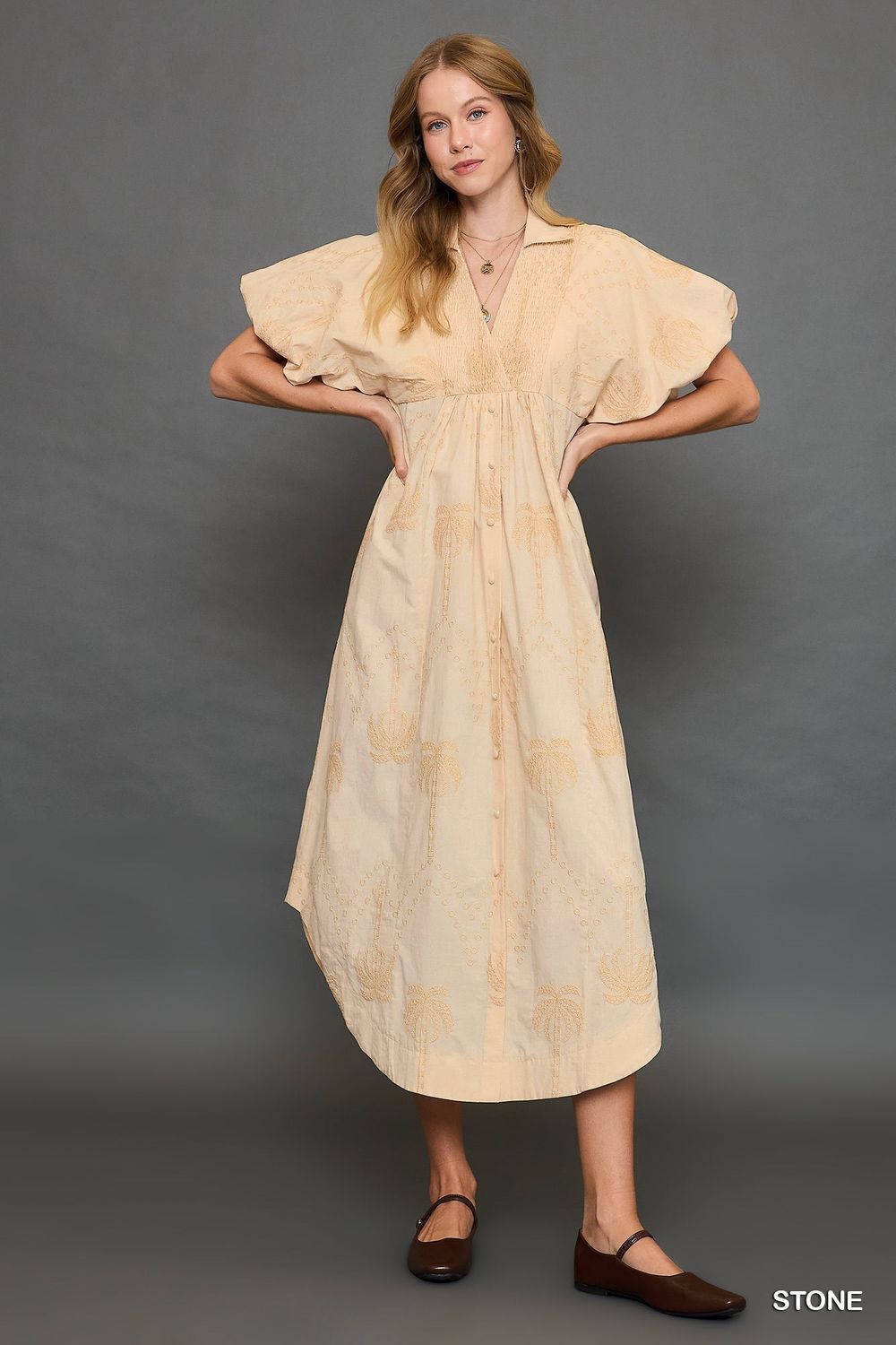 Palm Tree Embroidered Midi Dress