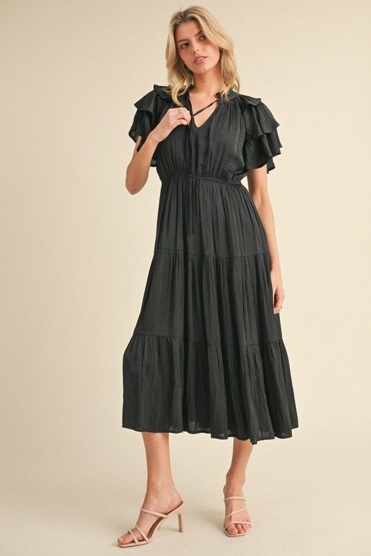 Solid Wrinkle Tiered Midi Dress