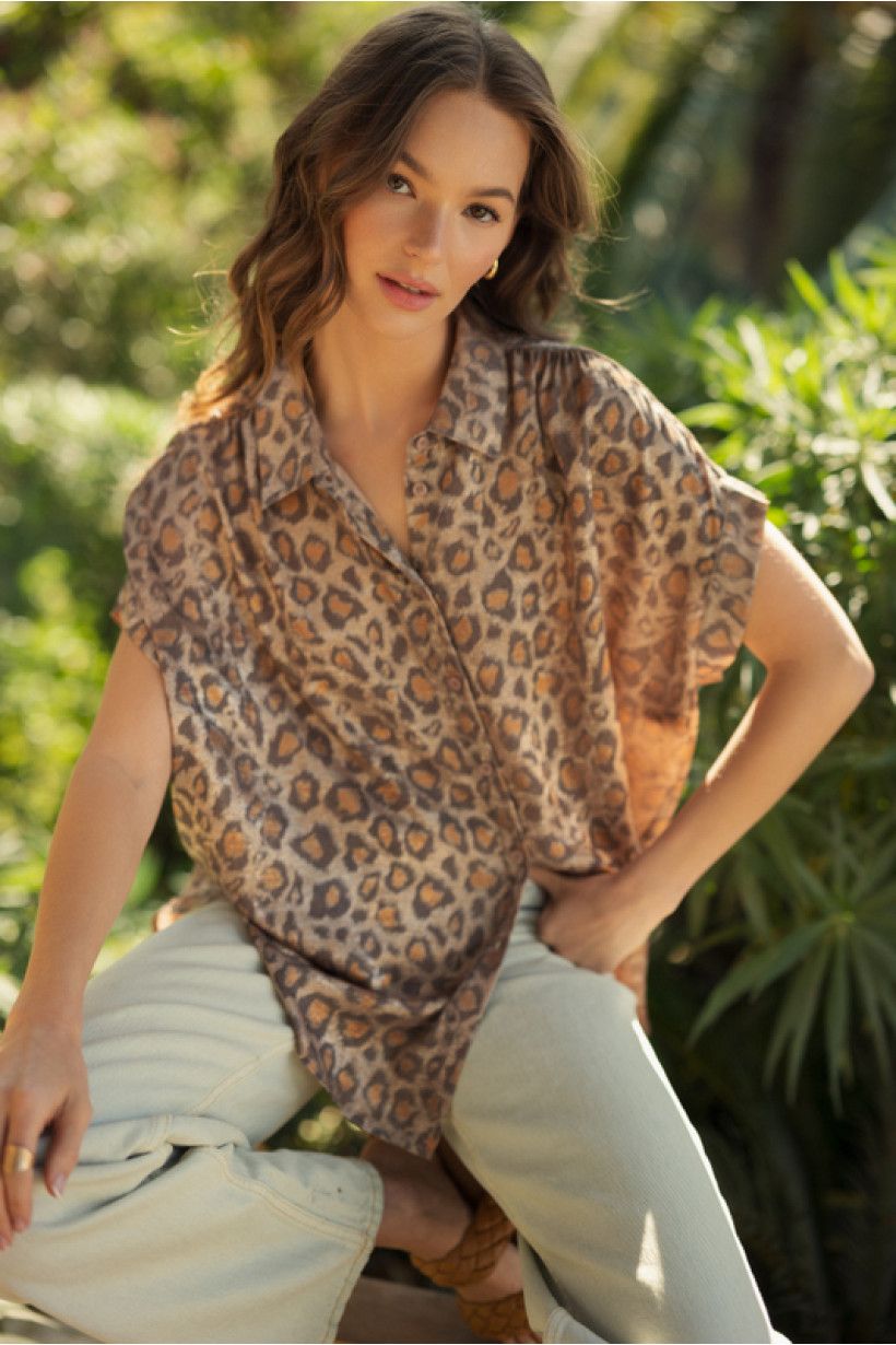 Leopard Print Collared Button Up Top