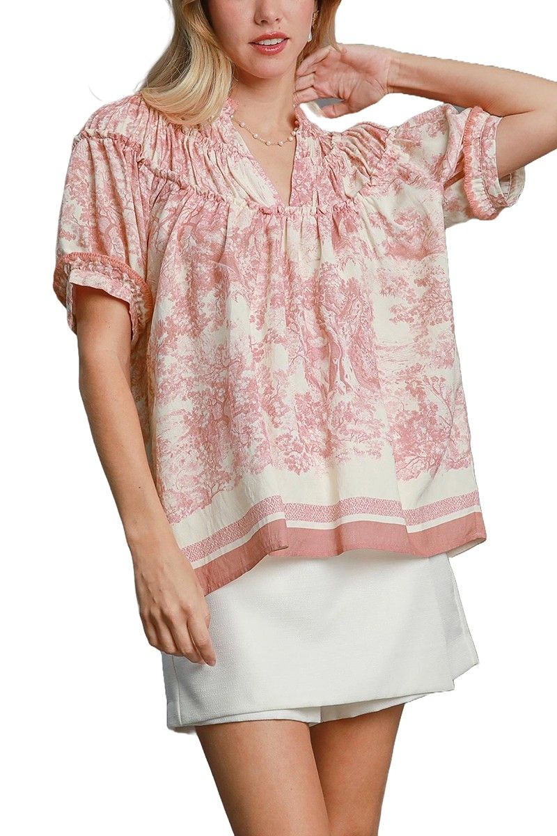 Abstract Print Top with Ruffled Neckline