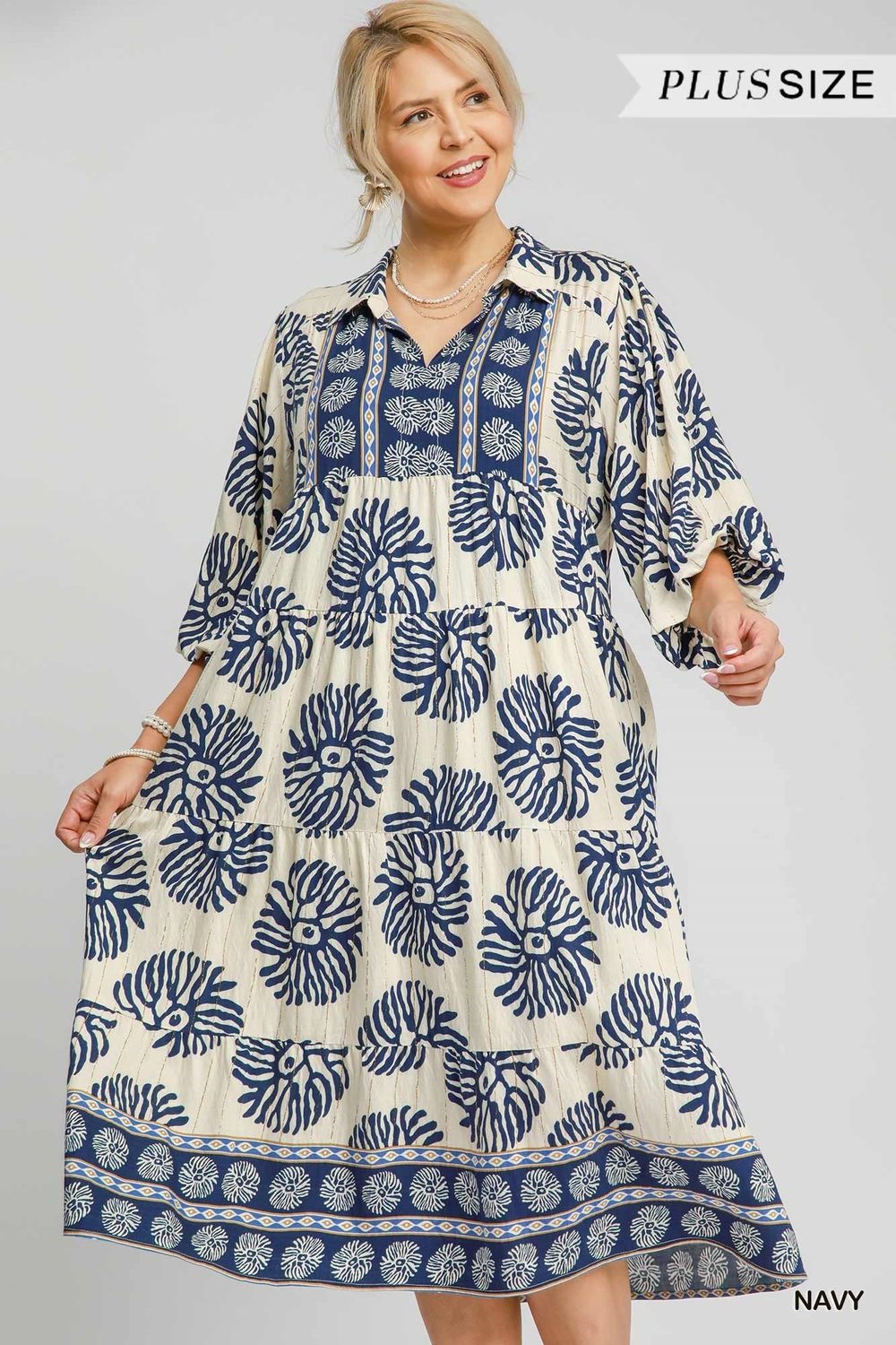 Plus - Border Print Tiered Midi Dress