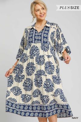 Plus - Border Print Tiered Midi Dress