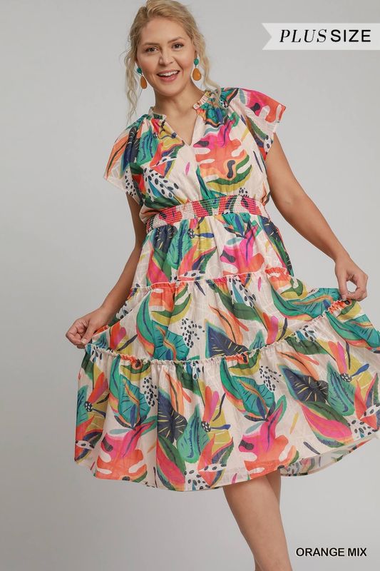 Plus - Tiered Abstract Print Maxi Dress
