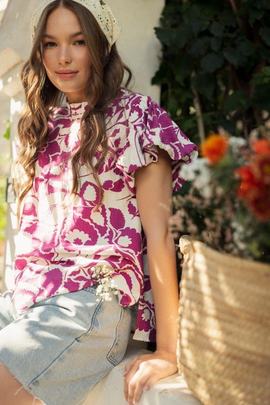 Print Short Balloon Sleeves Top