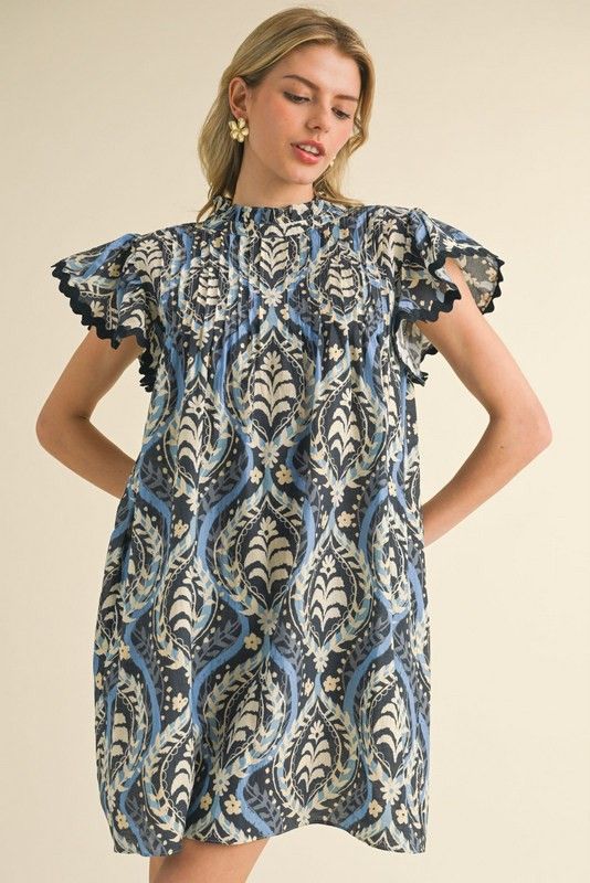Print Ruffly Cap Sleeves Dress