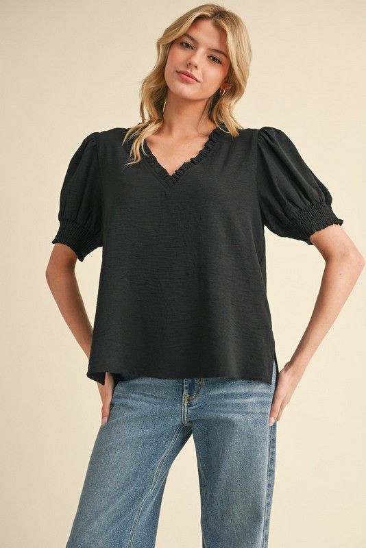 Solid Puffed Short Sleeves Top