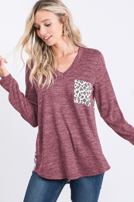 Leopard Contrast Knit Top, Color: Burgundy, Size: S