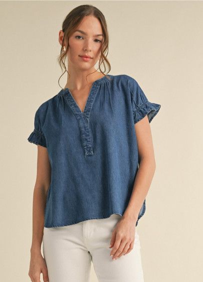 Short Ruffle Sleeve Top With Split Neck