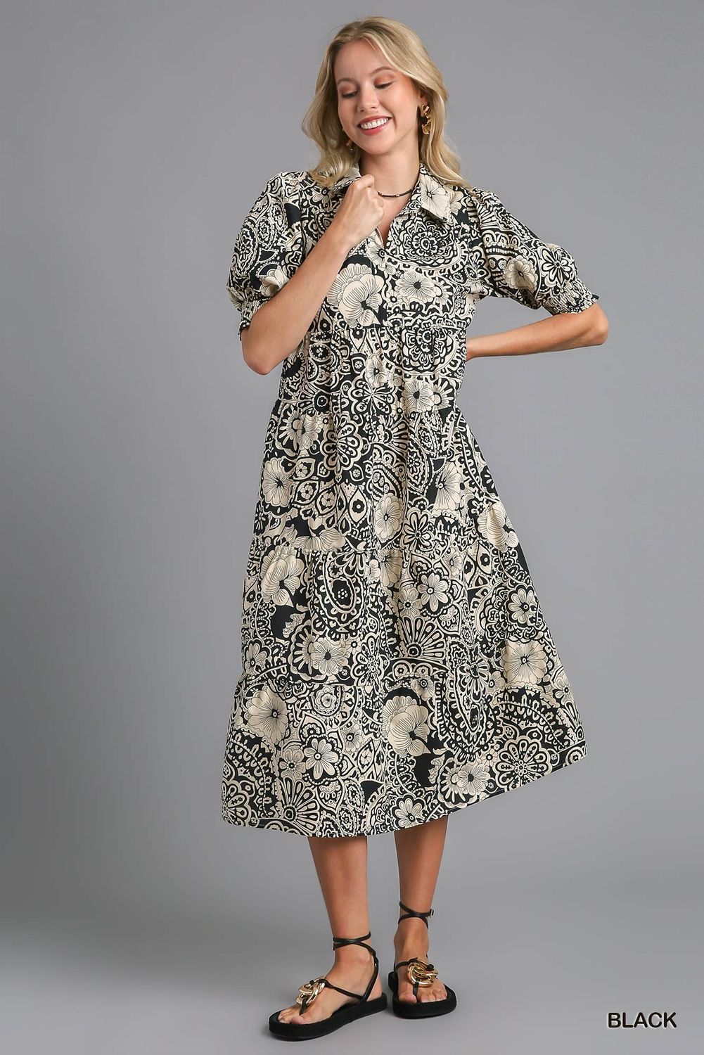 Paisley Print V-Neck Dress, Color: Black, Size: S